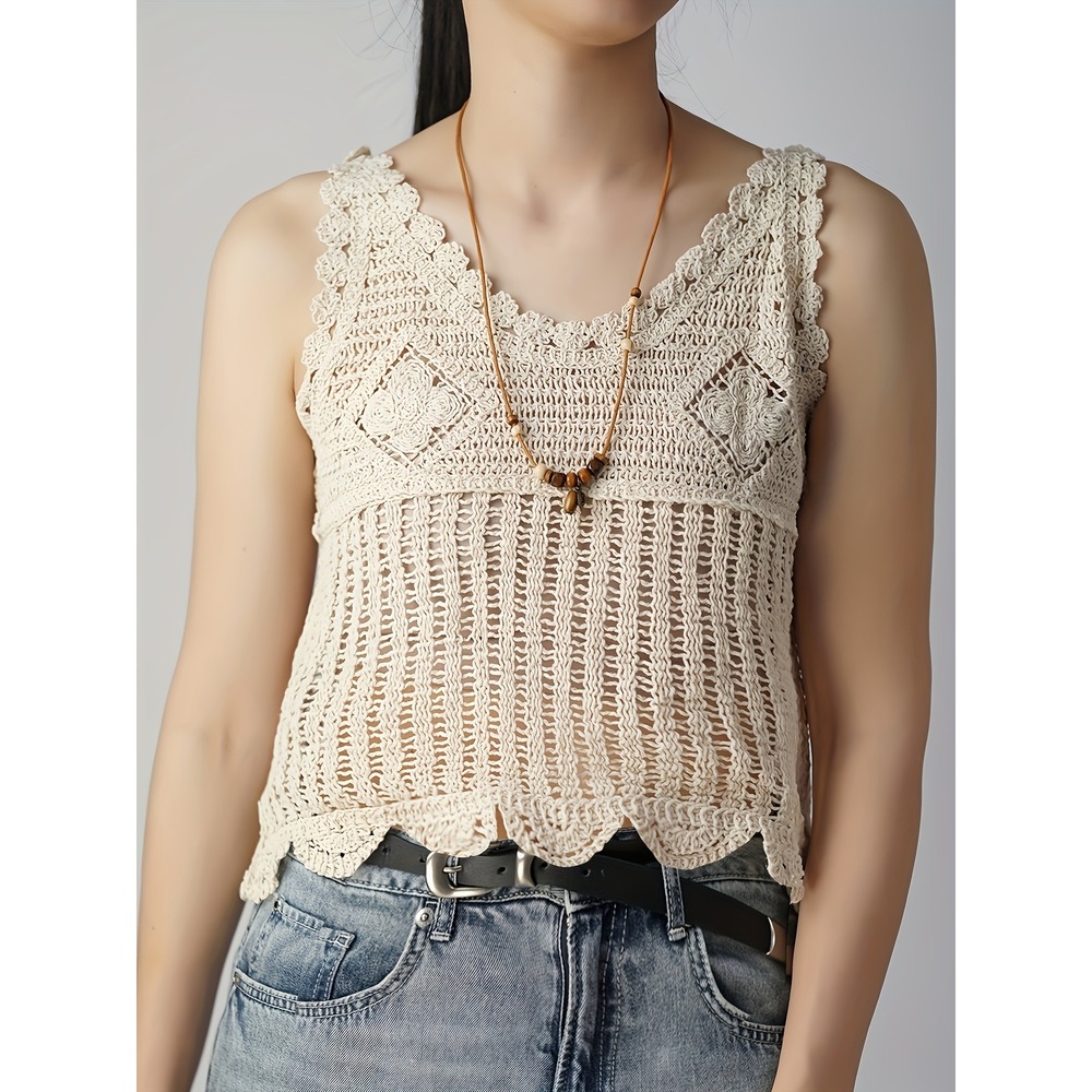 Unbranded Boho Crochet Knit Tank Top Ivory Floral Scalloped Sleeveless NEW S